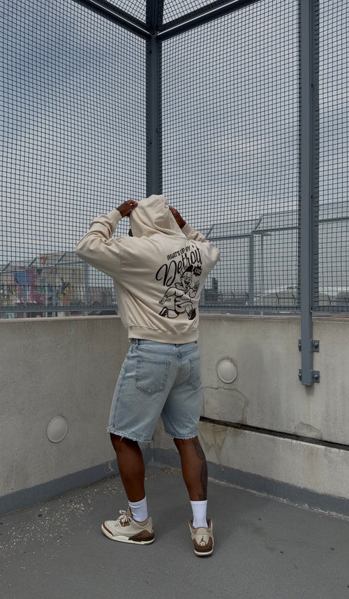 What's Up My Detroit Fam Crop Hoodie- Cream/Brown